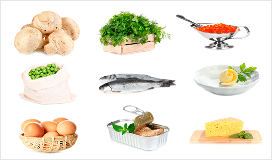 Mat som er rik på D-vitamin er særlig fet fisk, fiskelever og margarin (margarinen er tilsatt D-vitamin)